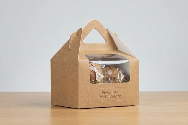 PFAS-Free Gable Box Brown kraft paper gable box with a clear window showcasing baked goods and 'PFAS-Free Barrier Coating' text.