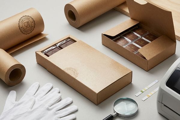 Certified Food-Safe kraft paper packaging for CBD chocolates, displayed with rolls of material, white gloves, and quality control instruments.