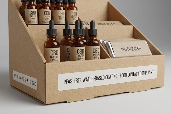 PFAS-Free CBD Packaging PFAS-Free Water-Based Coating on CBD Tincture 500mg and Chocolate display box, Lab Tested.