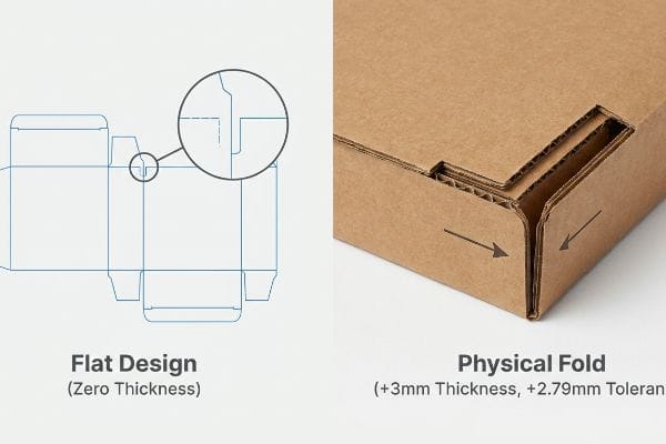 Flat Design (Zero Thickness) blueprint of a cardboard box dieline with a magnified interlocking tab, contrasted with a Physical Fold (+3mm Thickness, +2.79mm Toleran) of corrugated board.