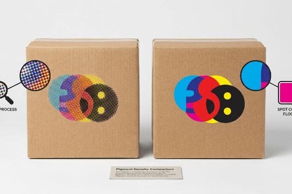 Two kraft cardboard boxes compare CMYK Process halftone dots versus vibrant Spot Color Flood solid ink printing for pigment density.