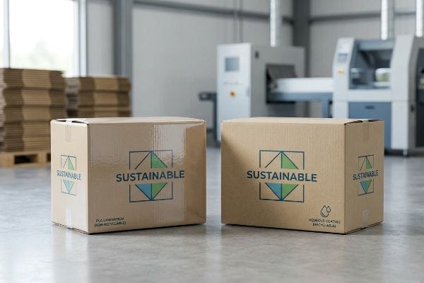 Two corrugated cardboard boxes feature a 'Sustainable' logo; one specifies Pla Lamination (Non-Recyclable), the other Aqueous Coating (Recyclable).