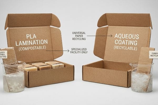 PLA vs Aqueous Coating Two corrugated boxes compare Pla Lamination (Compostable) requiring specialized composting with Aqueous Coating (Recyclable) for universal paper recycling, showing soap.
