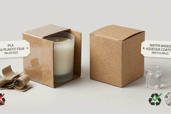 Kraft cardboard packaging illustrating the contrast between a rejected Pla Bio-Plastic Film box with a candle and a recyclable Water-Based Aqueous Coating box.