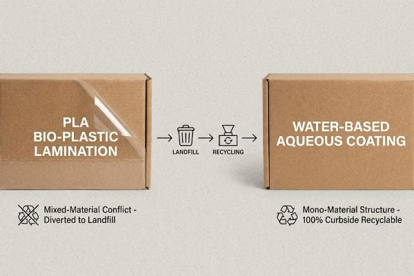 PLA vs Aqueous Coating A brown cardboard box with "PLA Bio-Plastic Lamination" compared to another box with "Water-Based Aqueous Coating", illustrating the difference in recyclability.