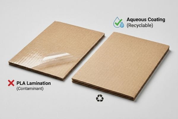 PLA vs Aqueous Coating Corrugated cardboard with unrecyclable Pla Lamination (Contaminant) contrasted with recyclable Aqueous Coating.