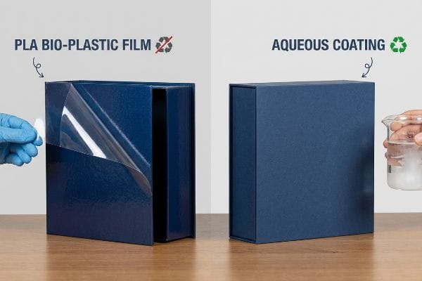 PLA vs Aqueous Coating Comparison of a glossy box with a hand peeling off Pla Bio-Plastic Film (non-recyclable) and a matte box with Aqueous Coating (recyclable).