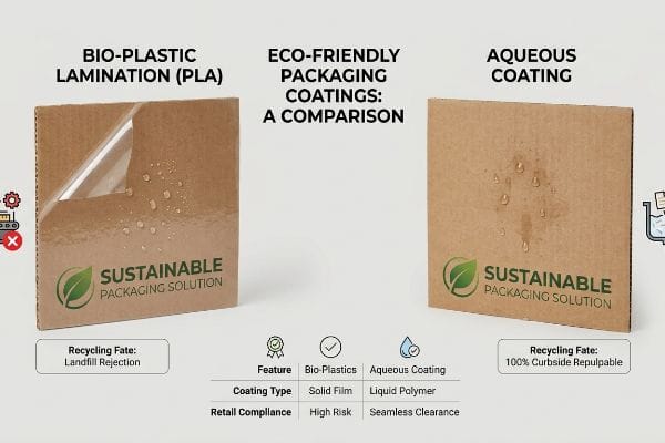 Bio-Plastic Lamination (PLA) packaging, 'Landfill Rejection', versus Aqueous Coating, '100% Curbside Repulpable'.