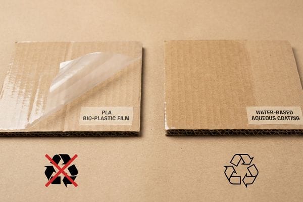 Pla vs Aqueous Coating Corrugated cardboard samples compare Pla Bio-Plastic Film with a non-recyclable symbol to Water-Based Aqueous Coating with a recyclable symbol.