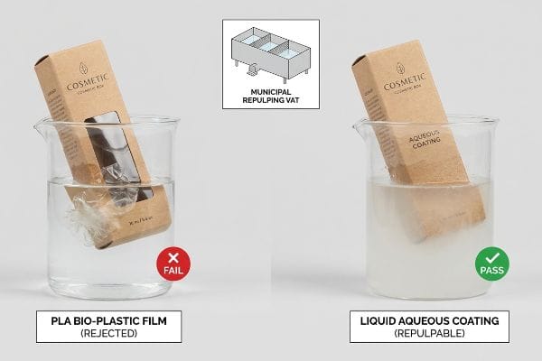PLA Bio-Plastic Film cosmetic box fails repulping, rejected. Liquid Aqueous Coating box dissolves, repulpable.
