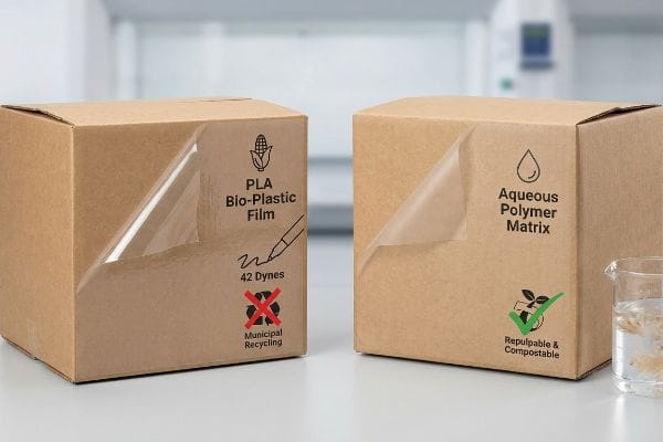 PLA vs Aqueous Coatings Two corrugated boxes display packaging chemistry differences: one with a peeled PLA Bio-Plastic Film (42 Dynes, not Municipal Recycling) and another with an Aqueous Polymer Matrix (Repulpable & Compostable).