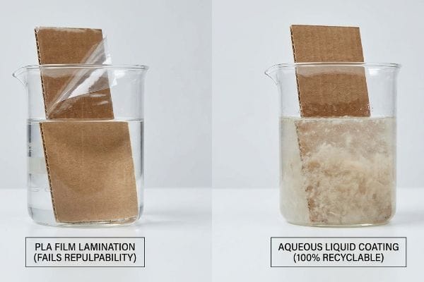 Two beakers show cardboard repulpability: PLA Film Lamination fails, while Aqueous Liquid Coating is 100% Recyclable.