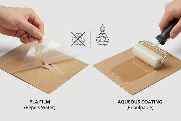 PLA vs Aqueous Coating Pla Film, shown repelling water with a crossed-out recycling symbol, being peeled from kraft paper, contrasted with repulpable Aqueous Coating applied by a roller, indicating recyclability.