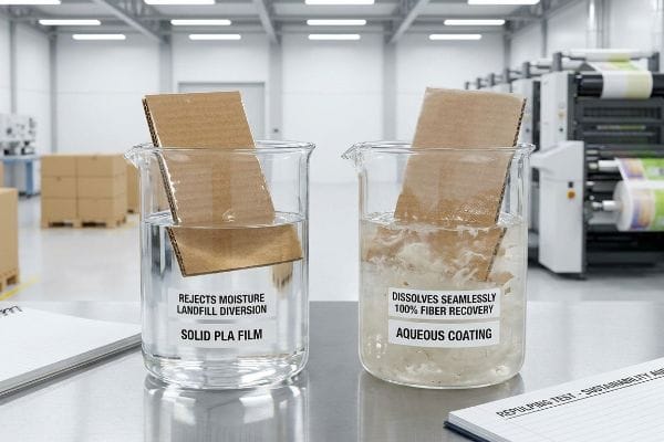 Aqueous Coating Repulping Repulping test shows Solid Pla Film rejects moisture, leading to Landfill Diversion, contrasting with Aqueous Coating dissolving for 100% Fiber Recovery.