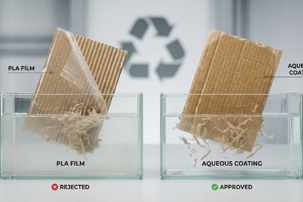 PLA vs Aqueous Repulping Corrugated cardboard in water: Pla Film is Rejected, peeling and clogging, while Aqueous Coating is Approved, dissolving for eco-friendly recycling.