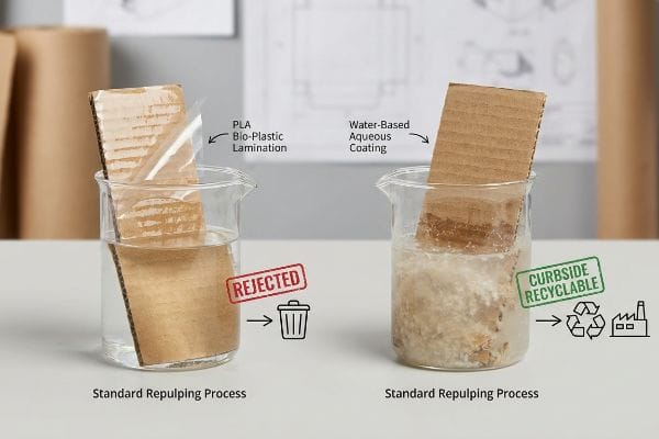 Repulping PLA vs Aqueous Two beakers show repulping: PLA Bio-Plastic Lamination rejected, Water-Based Aqueous Coating Curbside Recyclable.