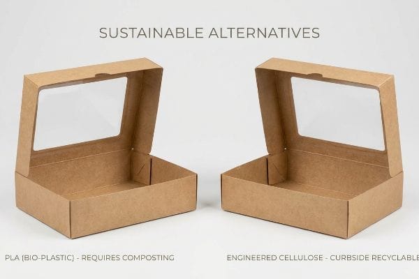 クラフト段ボール箱。片方はPLAバイオプラスチック製の窓付きで堆肥化が必要、もう片方は人工セルロース製の窓付きで路側回収によるリサイクルが可能。.