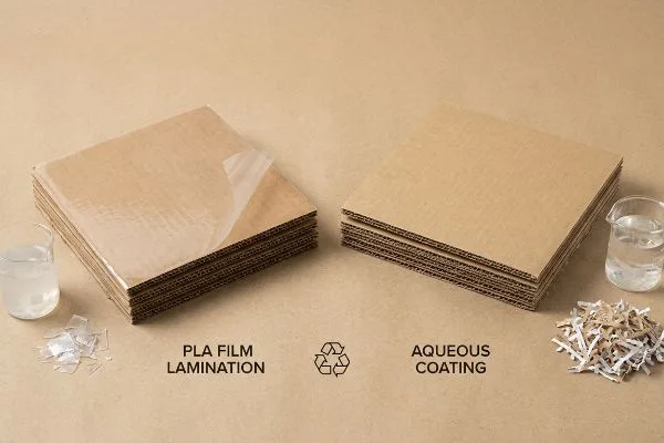Cartão canelado: Laminação com filme PLA (flocos de plástico) versus revestimento aquoso (papel picado), evidenciando embalagens repulpáveis.