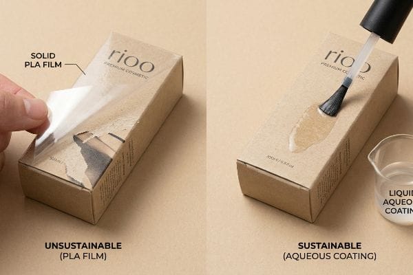 PLA vs Aqueous Coating Rioo Premium Cosmetic box with Solid Pla Film being peeled, beside a box receiving Liquid Aqueous Coating for sustainable packaging.