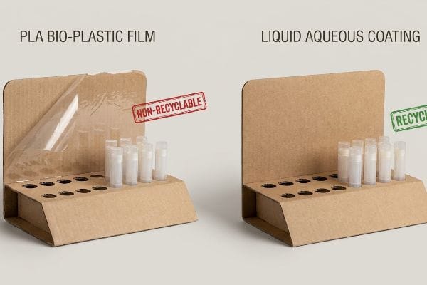 Recyclable vs PLA Film Corrugated lip balm displays comparing Non-Recyclable PLA Bio-Plastic Film to Recyclable Liquid Aqueous Coating.