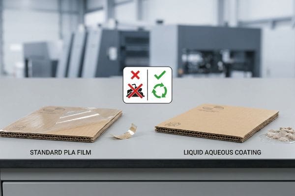 Corrugated cardboard samples contrast Standard Pla Film, peeling and non-recyclable, with Liquid Aqueous Coating, showing wet disintegration and recyclability, emphasized by central icons.