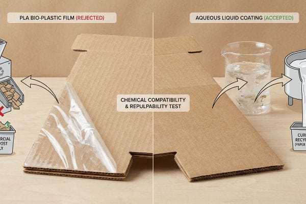 Repulpability Test Comparison Corrugated cardboard illustrates a rejected PLA Bio-Plastic Film peeling off and an accepted Aqueous Liquid Coating during a Chemical Compatibility & Repulpability Test.