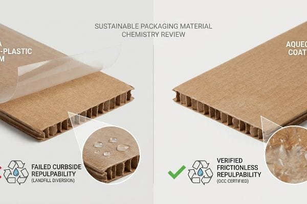 Packaging Chemistry Review Corrugated cardboard: PLA bio-plastic film fails curbside repulpability; aqueous coating ensures verified frictionless repulpability, OCC certified.