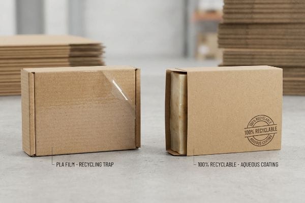 Brown cardboard boxes contrasting PLA Film Recycling Trap with 100% Recyclable Aqueous Coating for sustainable packaging.