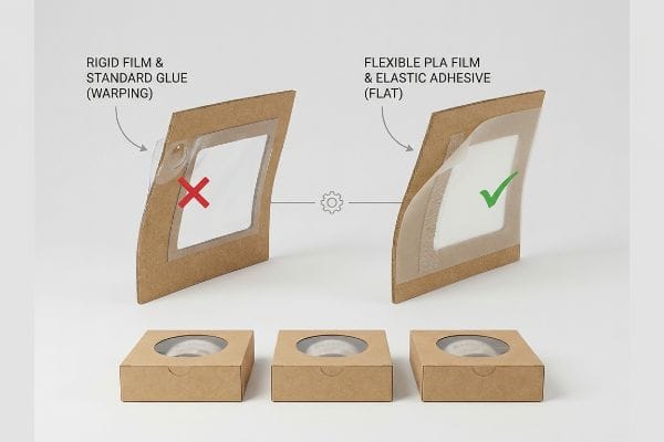 Warping vs Flat Packaging Warped Kraft paper panel with Rigid Film & Standard Glue contrasted with a flat panel using Flexible PLA Film & Elastic Adhesive, demonstrating structural integrity.