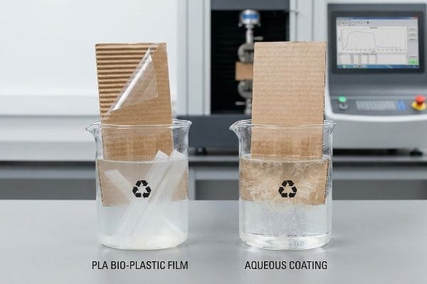 Corrugated cardboard samples in beakers comparing Pla Bio-Plastic Film peeling from water versus Aqueous Coating dissolving into fibers, highlighting repulpability.