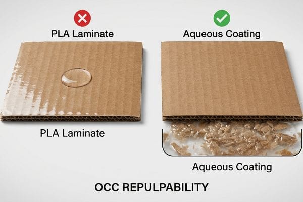 Water droplet on PLA Laminate corrugated board failing repulpability, contrasted with aqueous coated cardboard dissolving into fibers, demonstrating OCC Repulpability.