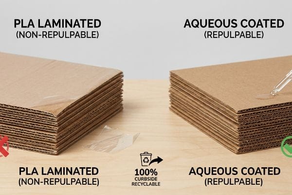 Repulpable vs Non-Repulpable Corrugated cardboard comparison: Pla Laminated (Non-Repulpable) with film vs. Aqueous Coated (Repulpable) with water, showing 100% Curbside Recyclable.