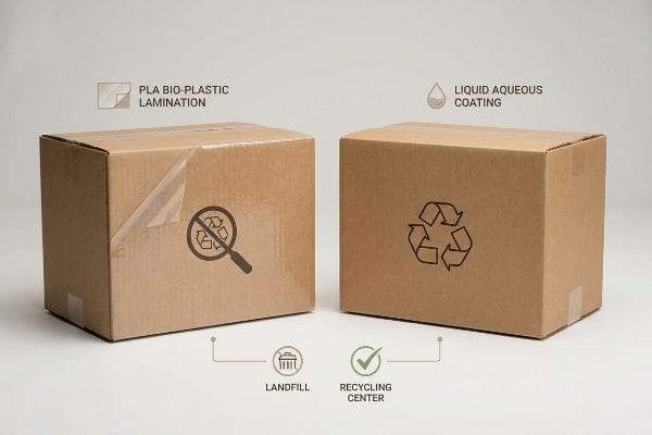 Lamination vs Aqueous Coating Cardboard boxes show PLA Bio-Plastic Lamination for landfill versus Liquid Aqueous Coating for recycling center.