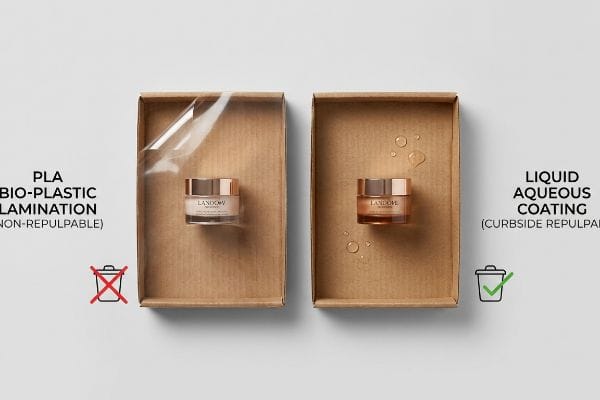 Emballage laminé PLA Boîte en carton ondulé contenant un pot Landow, montrant un laminage en bioplastique PLA non repulpable et une icône de poubelle barrée.