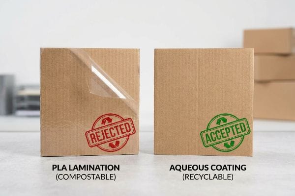 PLA Lamination vs Aqueous Brown cardboard box with PLA Lamination is stamped 'Rejected', contrasting with an 'Accepted' aqueous coated box, highlighting packaging recyclability.
