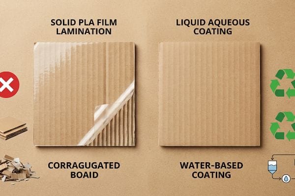 Comparação de papelão ondulado: Laminação com filme PLA sólido, apresentando película descolando e um X vermelho, em contraste com Revestimento Aquoso Líquido e símbolos verdes de reciclagem.