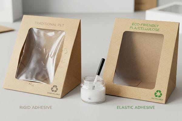 Brown kraft window boxes compare Traditional PET (Unrecyclable, rigid adhesive) with Eco-Friendly PLA/Cellulose (Recyclable, elastic adhesive).