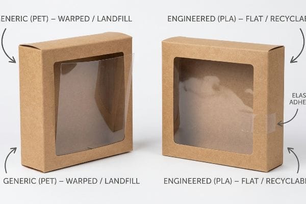 Warped Generic Pet window on kraft carton for Landfill versus flat Engineered Pla window with Elastic Adhesive, Recyclable.