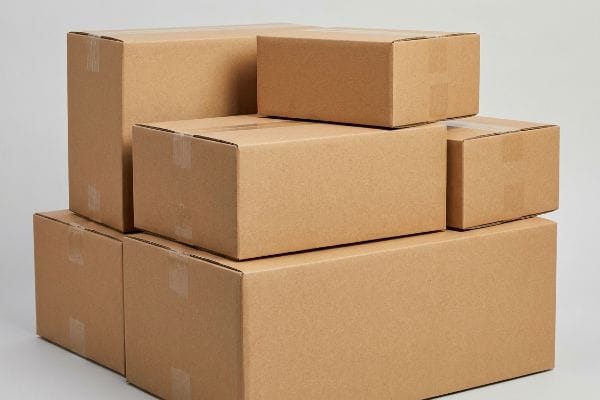 A stack of plain brown corrugated packaging boxes, sealed with clear tape, designed for secure transit and logistics.