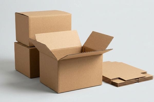 Plain brown corrugated kraft cardboard boxes, one open, with stacked closed boxes and unassembled flat packaging sheets, ideal for shipping.