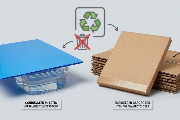 Blue Corrugated Plastic (Permanent/Waterproof) and Engineered Cardboard (Temporary/Recyclable) are compared with recycling and trash symbols.