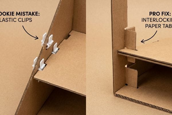 Brown corrugated cardboard display sections illustrate a Rookie Mistake: Plastic Clips on the left, contrasted with the Pro Fix: Interlocking Paper Tabs on the right for eco-friendly assembly.