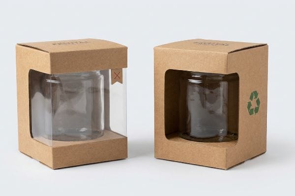 Packaging Window Types Kraft paperboard boxes for glass jars, one with a clear plastic window, the other with a die-cut window and green recycling symbol.