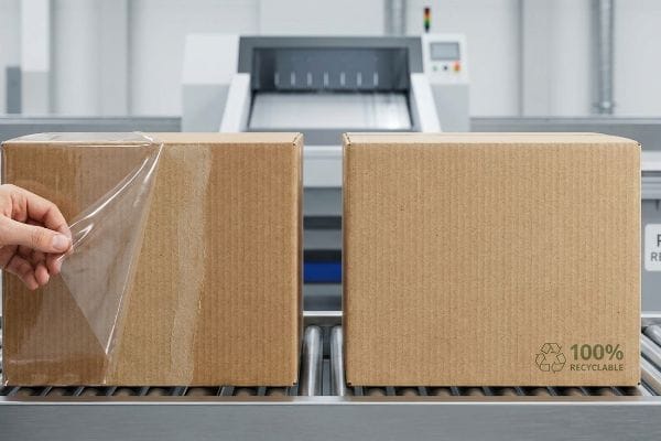 Hand peeling clear plastic film from a corrugated box, beside a second box marked '100% Recyclable' on a conveyor.