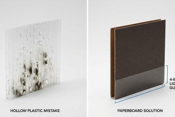 Plastic vs Paperboard Solution A clear, hollow corrugated plastic sheet with trapped moisture and black mold, contrasted with a paperboard solution featuring a 4-inch Liquid Guard base.