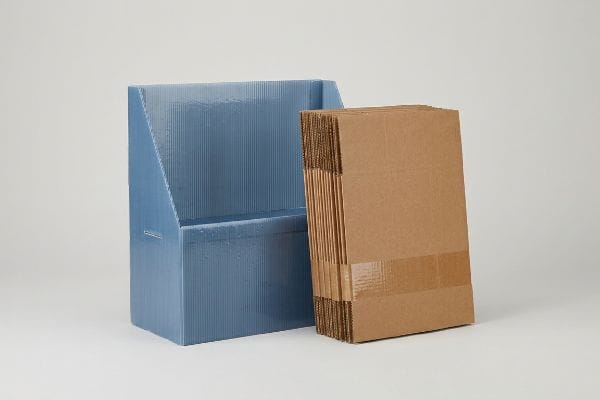 Plastic vs Cardboard Displays Blue corrugated plastic display stand beside flat-packed brown corrugated cardboard sheets, comparing materials.