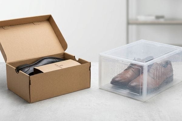 Corrugated box with black leather shoe, beside clear plastic shoe box holding brown leather shoes and condensation.