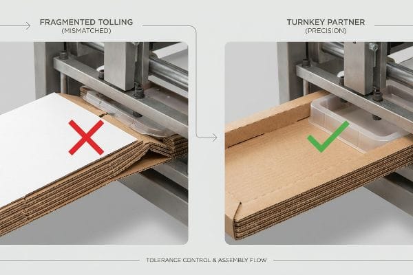 Turnkey Tolerance Control Corrugated cardboard assembly: 'Fragmented Tolling' mismatch (red X) vs. 'Turnkey Partner' precision (green check) with plastic tray, showing tolerance control.