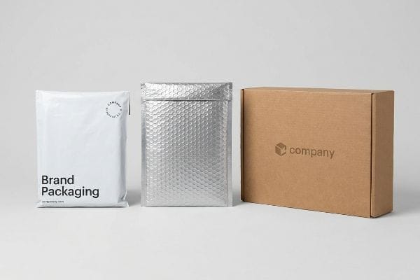 A white poly bag with 'Brand Packaging' text, a silver bubble mailer, and a brown corrugated box with a 'company' logo, showcasing different mailer types.