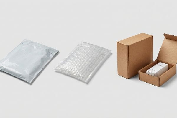 Un sobre de polietileno blanco, un sobre acolchado transparente y dos cajas de cartón corrugado marrones para envíos, una de ellas abierta con una caja de producto blanca dentro.